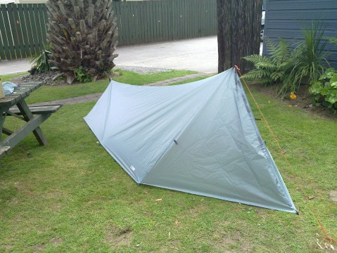Bought the Gossamer Gear Spinnshelter in the middle of my trek in NZ. This was the first setup.